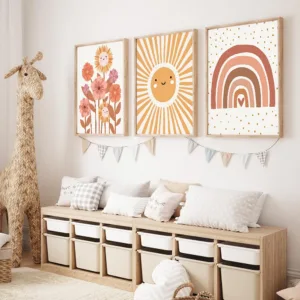 Sun Rays & Rainbow Clouds Canvas Print Cartoon Flowers Nursery Wall Art Posters for Modern Living Room Home Decor for Boys Girls