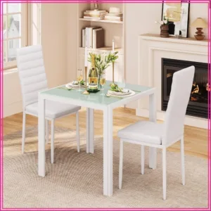3 Pc Glass Dining Table Set with 2 Chairs for Kitchen, Space Saving