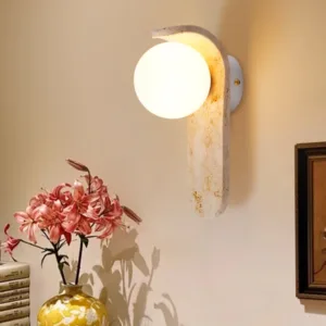 Wabi Sabi Style yellow travertine vintage stone and wood wall light for bedroom nightstand living room staircase home decor