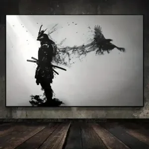 Black and White Japanese Samurai Man with Crow Wall Art Canvas Painting Modern Home Decor Poster for Living Room Office or B