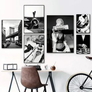 Black and White Vintage Wall Art Canvas Painting Fashion Women Leopard Car CD Posters And Prints Pictures For Living Room Decor