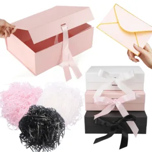 1 Set 23cm Luxury Ribbon Gift Box with Lafite Grass Bronzing Envelope Greeting Card Storage Party Wedding Souvenir Packaging ZYF