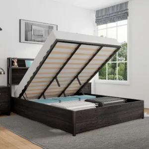 Full Size Lift Up Storage Bed, Wood Platform Bed Frame with Storage Headboard & Charging Station, No Box Spring, Customized