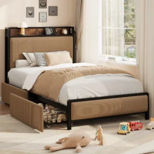Metal Platform Bed Frame with 2 Storage Drawers & Charging Station Upholstered Headboard No Box Spring Needed Twin Pink/Green/Brown Twin XL Size Mid Century Modern Acacia Solid Wood Platform Bed Frame Wooden Slats No Box Spring Double Metal Bar Support