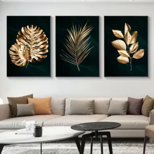 3PCS Frameless Artwork Poster Abstract Gold Tropical Monstera Palm Leaves Canvas Painting Black Wall Art Pictures for Home De