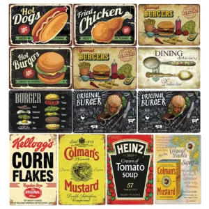 Hot Dogs Chicken Burger Dining Poster Vintage Metal Tin Sign Wall Decor Plaques Shabby Classic Restaurant Kitchen Plates Sign