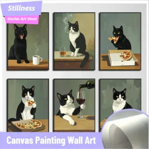Stillness Stories frameless Vintage Funny Black Cat Smoking/Drinking Coffee/Eating Pizza Dark Humor Poster Canvas Painting Wa