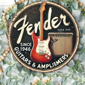 Vintage Fender Guitars & Amplifiers Metal Tin Sign, Retro Since 1946 Electric Guitar Circular Wall Decor Plaque, Classic Music S
