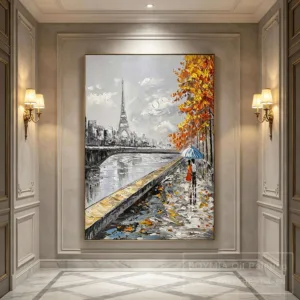 Hand drawn oil painting of the Eiffel Tower linen mural, 3D texture and three-dimensional texture, frameless