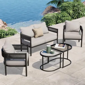 5-Piece Outdoor Furniture Set, 4 Seats Wicker Sofa Conversation Set with Thick Cushions and Coffee Table, for, Customized