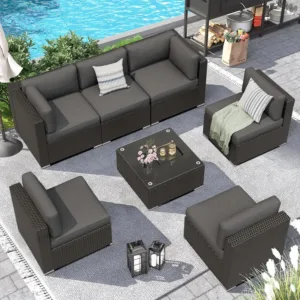 7 Pieces Outdoor Patio Furniture Set, Black Brown Wicker Patio Sectional Sofa Set, Outdoor Couch with Cushion and, Customized