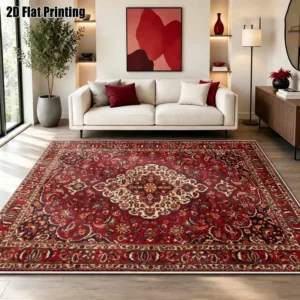 1Pc 2D Printed Velvet Carpet, Red Persian Vintage Bohemian Floral Geometric Pattern, Home Decor, Machine Washable, Multi-Size, for Entrance/Dining/Foyer/Bedroom/Living Room