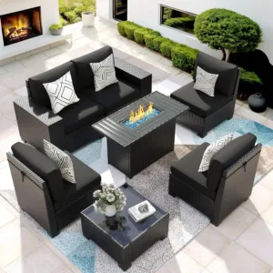 Patio Furniture Set with 44'' Fire Pit Table, 7 Pcs Outdoor Sectional Sofa | Conversation Sets Black Wicker Rattan, Custom