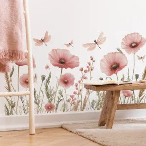 2PCS Watercolor Pink Poppy Dragonfly Bedroom Porch Background Wall Beautification Wall Sticker Room Decoration