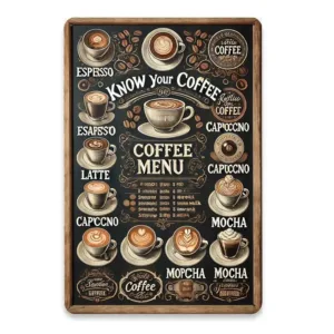 Retro "Know Your Coffee" Menu Metal Tin Sign Vintage Wall Decor for Coffee Shop Bar Kitchen Cafe Enthusiasts