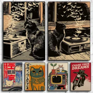 Retro Cat Theme DJ Vinyl Records Music Player Origami Cranes Canvas Painting Wall Art Poster Picture Home Decor Mural Cuadros
