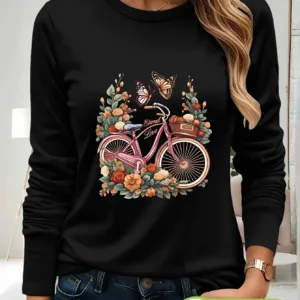 Retro Women's Casual Long Sleeve T-Shirt Black Bicycle & Butterfly Floral Print 100% Cotton Round Neck Top for Spring/Summer