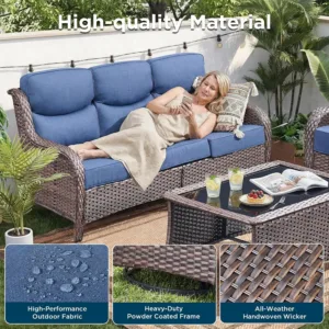 All-Weather Wicker Rattan 3-Seat Patio Sofa Set with 6" Cushion & Multifunctional Ottoman for Deck Backyard Garden, Customized