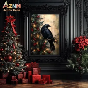Moody Vintage Crow Holly Berry Christmas Canvas Poster Prints Frameless Wall Art Festive Winter Cozy Warm Soft Dark Decorations
