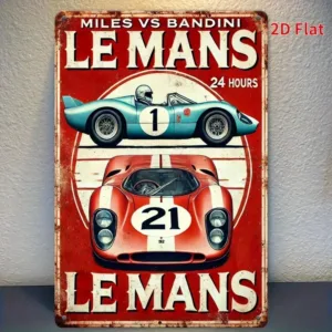 Vintage Le Mans Tin Sign - Rustic Iron Metal Wall Art with Classic Race Car Design, 24 Hours & Miles vs Bandini Text - Garage