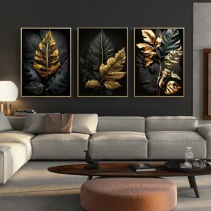 Canvas Wall Art Set of 3 Black Gold Tropical Leaf Poster, Unframed Botanical Plant Print Modern Luxury Living Room Home Wall Dec