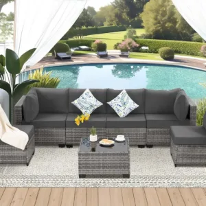 7 Piece Outdoor Wicker Patio Furniture Set, Grey/Dark Grey | Sectional Sofa | All-Weather Hand-Woven Rattan |, Customized