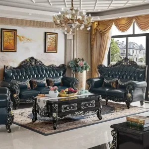 European-style Leather Combination Sofa Solid Wood Ebony Sofa Villa Retro High-end Sofa for Living Room Furniture Set