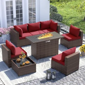 Outdoor 8-Piece Wicker Patio Sofa Set with 44in Fire Pit Table, Customized