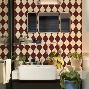 Wine Red Checkered Self-adhesive Waterproof and Oil Resistant Wallpaper Modern Lattice Furniture Cabinet Renovation Sticker