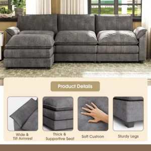 119" Modular Sectional Sofa, L Shape Cloud Couch, Gray, Customized