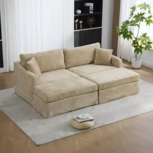 Modern Extra-large Double-seater Sofa Set with Two Chenille Upholstered Ottoman Metal Legs Two Backrest Pillows for Living
