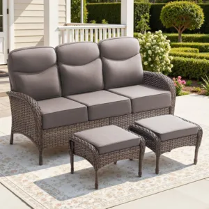 3-Piece Wicker Patio Sofa Set with Thick Cushions, Covered Couch, Ottoman & All-Weather Seating for Backyard Porch, Customized