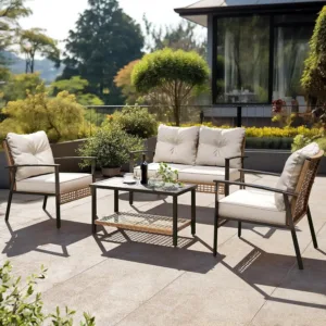 4-Piece Patio Conversation Set, Comfortable Oversized Outdoor Furniture Set with Soft Cushion and Storage Metal Coffee, Custom