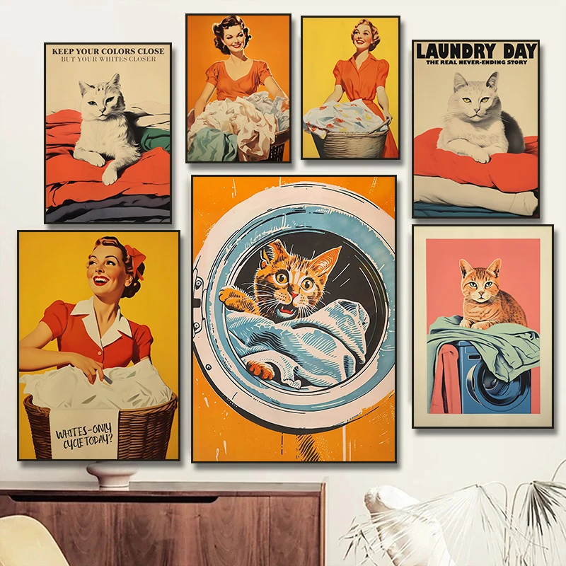 Laundry Day Woman Washing Machine Cat Wall Art Canvas Painting Nordic Poster Print Toilet Pictures for Living Room Decoration