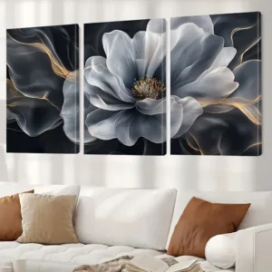 3pcs Grey Floral Wall Art Prints - Cartoon-Style Blooming Flowers with Golden Accents, Frameless Horizontal Canvas Posters fo