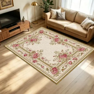 Elegant French Rose Floral Border Carpet Flooring Vintage Baroque Flower Frame Ornate Printed Floor Rug for Household Indoor Home Interior Decoration