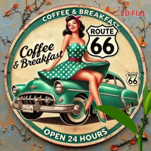 Vintage 2D Flat Round Tin Sign - "Route 66 Coffee & Breakfast" Retro Pin-Up Girl Classic Car Wall Decor for Diner Man Cave Gi