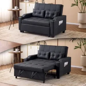 Local US inventory)Convertible Loveseat Sleeper Sofa, Black Faux Leather Futon Sofa Bed Pullout Couch Bed with USB Ports, Cup H