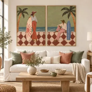 Bohemian Coastal Style Surfer Couple Theme Canvas Painting Retro Palm Tree Seaside Figure Poster Art Print Living Room Bar De