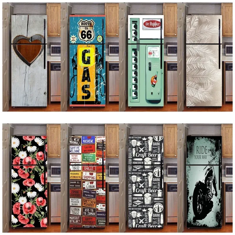 Retro Novelty Refrigerator Mural Sticker Vintage Wood Grain Love Printed Fridge Freezer Cabinet Wall Art Decals Door Wrap Poster