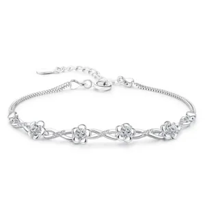 Authentic S925 Sterling Silver Crystal Vintage Plum Blossom Flower Bracelet Bangle For Women Girl Lady Wedding Birthday Gift