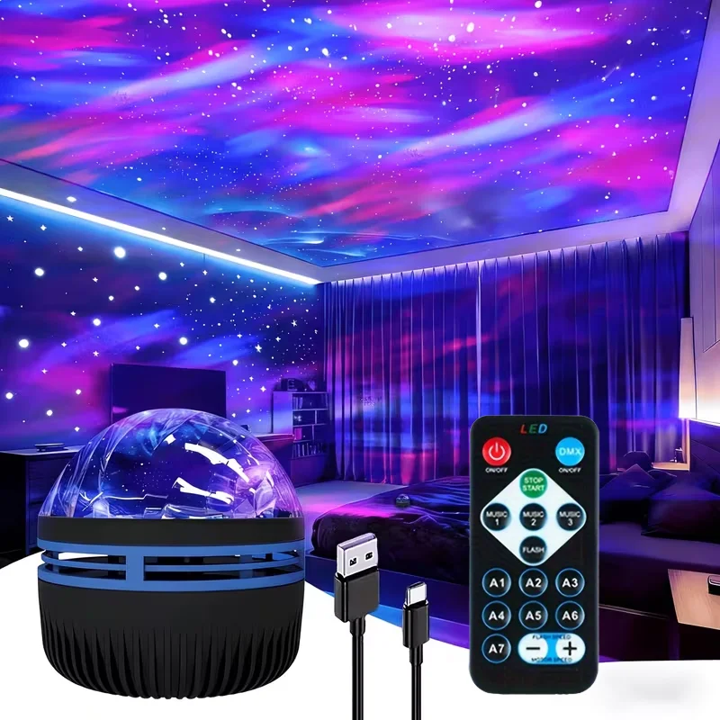 LED Northern Aurora Projector Light 7 Colors Starry Sky Ambient Night Light Auto Rotate USB Powered with Remote Room Decor Gift