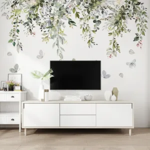 1pc Green Leaves Vine Wall Sticker Wall Decals Butterfly Decoration Waistline Skirting Line Baseboard Decor Bedroom Pine Stic
