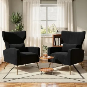 USA Stock Black Velvet Accent Chair Set Of 2, Wingback Chair For Living Room, High Back Arm Chair With Golden Legs Lumbar Pillow