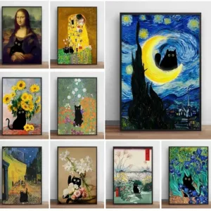 No frame)Famous Paintings Mona Lisa Starry Night With Funny Black Cat Poster Canvas Painting Sunflower Reproduction Wall Art