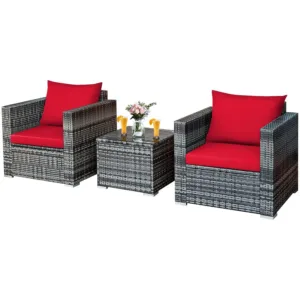 3-Piece Outdoor Rattan Wicker Sofa Set with Cushions & Tempered Glass Table for Patio Lawn Backyard Poolside Balcony, Customized