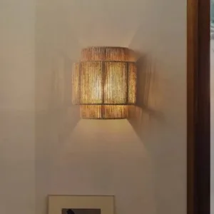 Boho Farmhouse Wall Sconces Natural Twine Hand Knit Wall Lamps Rustic E27 1-Light Hemp Rope Rattan Lampshades Indoor Wall Lights