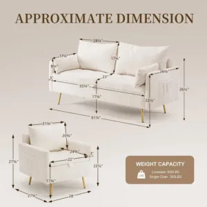 4 Seater Loveseat & Chair Set with Storage, 61" Corduroy Sofa Set for Small Living Room, Apartment & Loft, Beige, Customized
