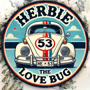 Vintage "Herbie The Love Bug 53" Round Metal Tin Sign - Retro Volkswagen Beetle Wall Decor for Garage, Man Cave, Bar & Classi