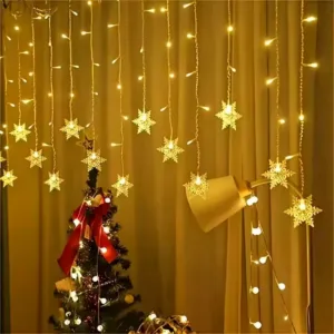 USB Snowflake Curtain String Lights, Hanging Snowflake Pendant LED Fairy Lights for Window Wall Christmas Indoor Decorations